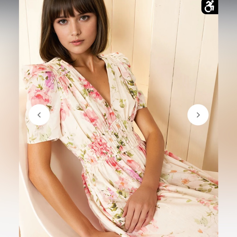 Yumi Kim Pia Dress Pink and Green Wrap Midi with Puff Sleeves